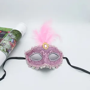 Pink lace masquerade mask with feather and gem, perfect for Halloween parties and half face photo props.