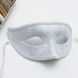 Maschera di carnevale bianca con glitter e bordo intrecciato per feste di Halloween e costumi.