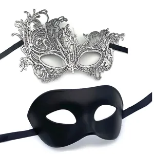 Set di maschere in pizzo per feste, maschere mezzo viso argento e nero per halloween.