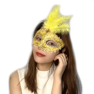 Yellow feather masquerade mask for Halloween party, cute half face princess costume props.