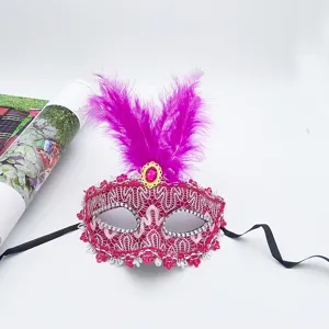 Pink lace feather masquerade mask detail, exquisite party costume accessory for women.