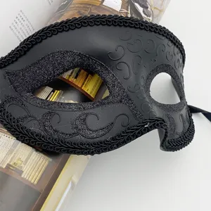 Maschera da ballo in maschera nera mezza faccia con glitter e bordo per festa di Halloween.