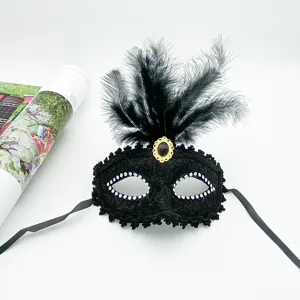 Black lace masquerade mask with feathers and rhinestones, perfect for Halloween parties and shows.