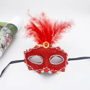 Red lace feather masquerade mask detail, exquisite half face design for party and Halloween.