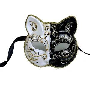 Half face cat mask for masquerade party, black and white yin yang design with gold glitter.