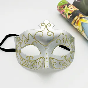 Silver masquerade mask with gold glitter, half face party eye mask for Halloween events.