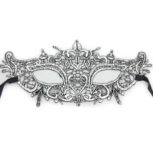 Máscara de encaje plateado media cara accesorios de fiesta de Halloween con cintas negras