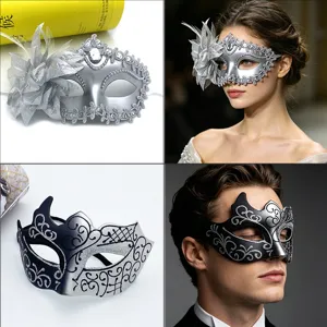 Halloween masquerade couple masks set, silver flower and black painted half face eye mask party.