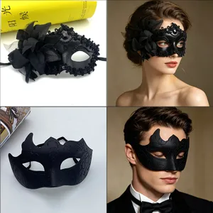 Black vintage couple masquerade masks set, half face lace flower eye mask for Halloween party.