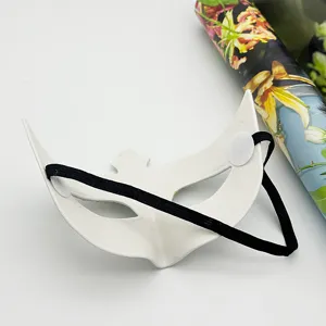 Halloween masquerade half face mask detail, back view with elastic strap for party.