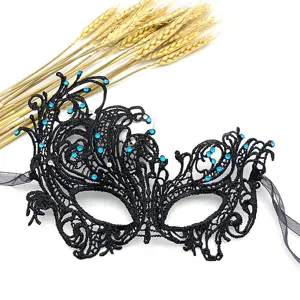 Maschera di pizzo nero con strass blu, elegante maschera mezza faccia per festa e ballo.