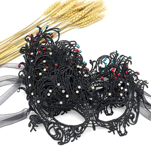 Maschera di pizzo nero con strass, elegante maschera mezza faccia per feste.