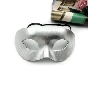 Detailed silver masquerade mask view, half face party costume accessory for men.