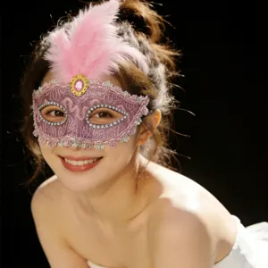 Pink feather lace masquerade mask for women, cute half face Halloween party costume props.
