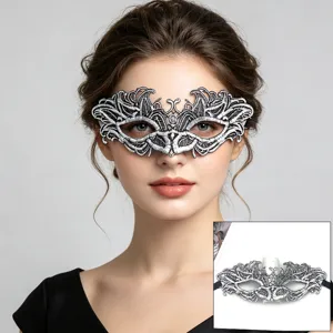 Máscara de Encaje Estampada en Plata de Halloween Mujer Media Cara Mascarada Ojos Gótico Fiesta Rendimiento Disfraz Accesorios