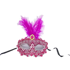 Pink lace masquerade mask featuring vibrant pink feathers, rhinestones, and gem for parties.