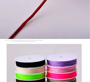 Detailed view of colorful jade weaving cords on spools and close-up red DIY string.