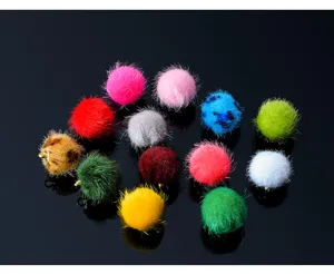 Detailed view of colorful 16mm faux mink fur pom pom charms with metal clasps for DIY jewelry making.