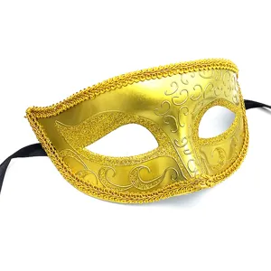 Maschera dorata di carnevale per festa costume metà viso design glitter con nastri neri