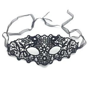 Elegant black lace masquerade mask for party, Halloween costume eye mask with ribbons.