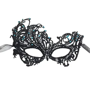 Maschera da ballo in pizzo nero con strass blu, elegante maschera occhi per festa.