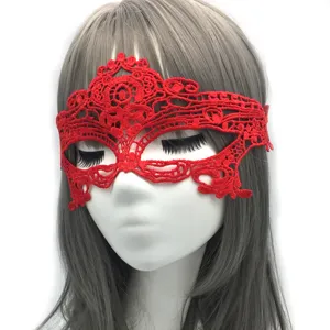 Red lace masquerade mask, half face eye mask for Halloween party, exquisite floral lace design.