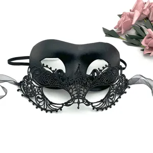Black lace masquerade mask detail, delicate floral lace trim, perfect for party props.