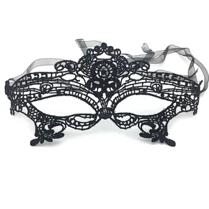 Black lace masquerade mask detail, exquisite hollow floral pattern for party events.
