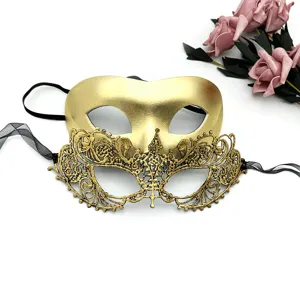 Gold masquerade mask set detail shot, lace and smooth half-face design for party costume.