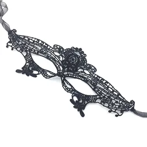 Detailed close up of elegant black lace masquerade mask with ribbon ties, intricate hollow design.
