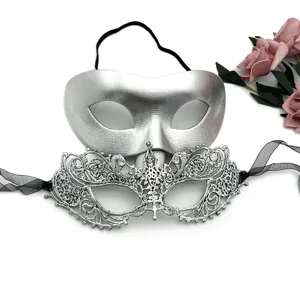 Silver masquerade mask set, elegant half face mask and lace mask for party, festival, and Halloween.