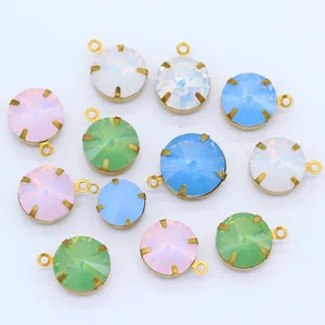 Colorful round glass rhinestone charms with gold claw settings for DIY bridal hair accessories.