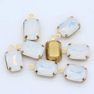 Rectangle white opal glass rhinestone pendants with golden claw settings, perfect for DIY crafts.
