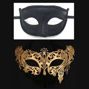 Set di maschere in maschera, glitter neri e maschera per occhi in metallo dorato per feste.