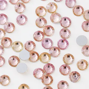 Rose gold flatback crystal rhinestones details, round nail art diamond gems display.