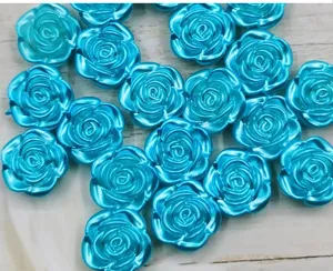 19mm metallic blue rose beads for diy crafts, pearl flower charms for handmade jewelry making.