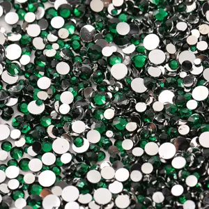 Mixed 2-5mm flatback green rhinestones for nail art, phone case DIY crafting accessories.