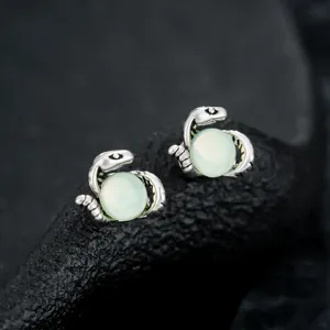Elegant snake stud earrings with light green round beads for women and men daily wear.