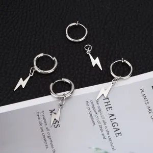 Pendientes de aro con rayo de acero inoxidable, joyería de moda hip hop para hombres.