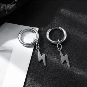 Pendientes de aro de rayo de acero inoxidable para hombre, diseño detallado hip-hop.