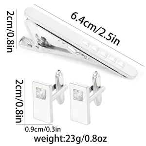 Men's silver tie clip and cufflinks set with crystal accent, business suit accessories.