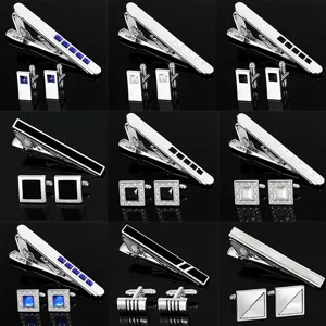 Men Business Alloy Tie Clip Cufflinks Set Silver Gold Rhinestone Striped Geometric Suit Shirt Accessories Luxury Formal Wedding Cuff Links Tie Bar Set