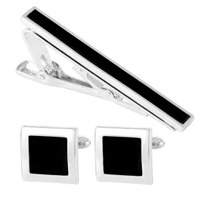 Silver tie clip and square cufflinks set with black inlay for men business suit shirt accessories.