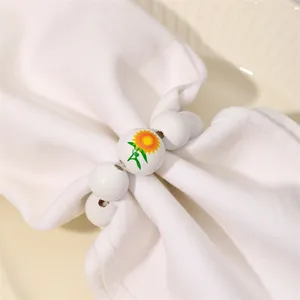 Servilleteros Rústicos de Cuentas de Madera con Girasol Hebillas de Servilleta Hechas a Mano Para Decoración de Mesa de Cena de Hotel de Boda