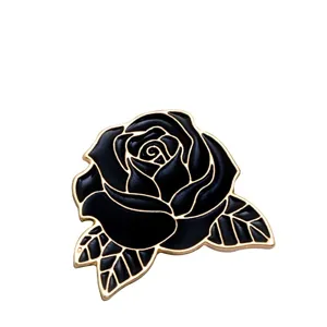 Elegante broche esmaltado de rosa negra con contornos dorados para mujeres accesorio de moda diario