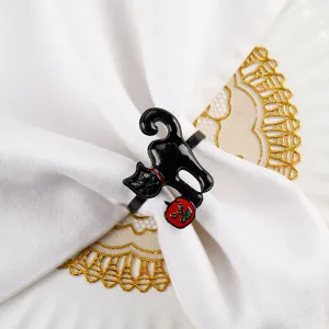 Halloween black cat napkin ring detail view, creative festival table decoration item.