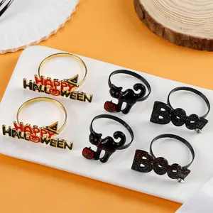 Halloween napkin rings set, creative metal table decor with pumpkin, cat and festival letters.