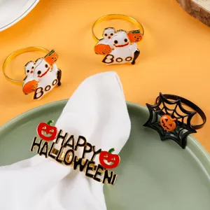 Halloween napkin rings set with ghost spider web and pumpkin designs for table decor.
