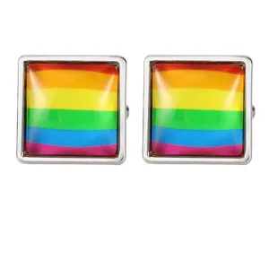 Square rainbow cufflinks for men, colorful glass metal French shirt cuff links wholesale.