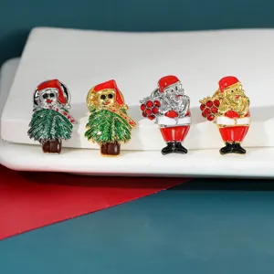 Christmas tree and Santa Claus brooch set, festive rhinestone enamel pin for holiday party.